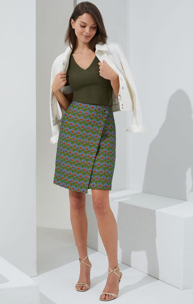 Lookbook photo of model wearing the Chatsworth skirt, Tamarindo sweater and Odyssey jacket.