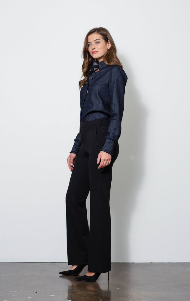 Texas Denim - Ruffled Chambray Blouse - On Model - With Persuasive Pants